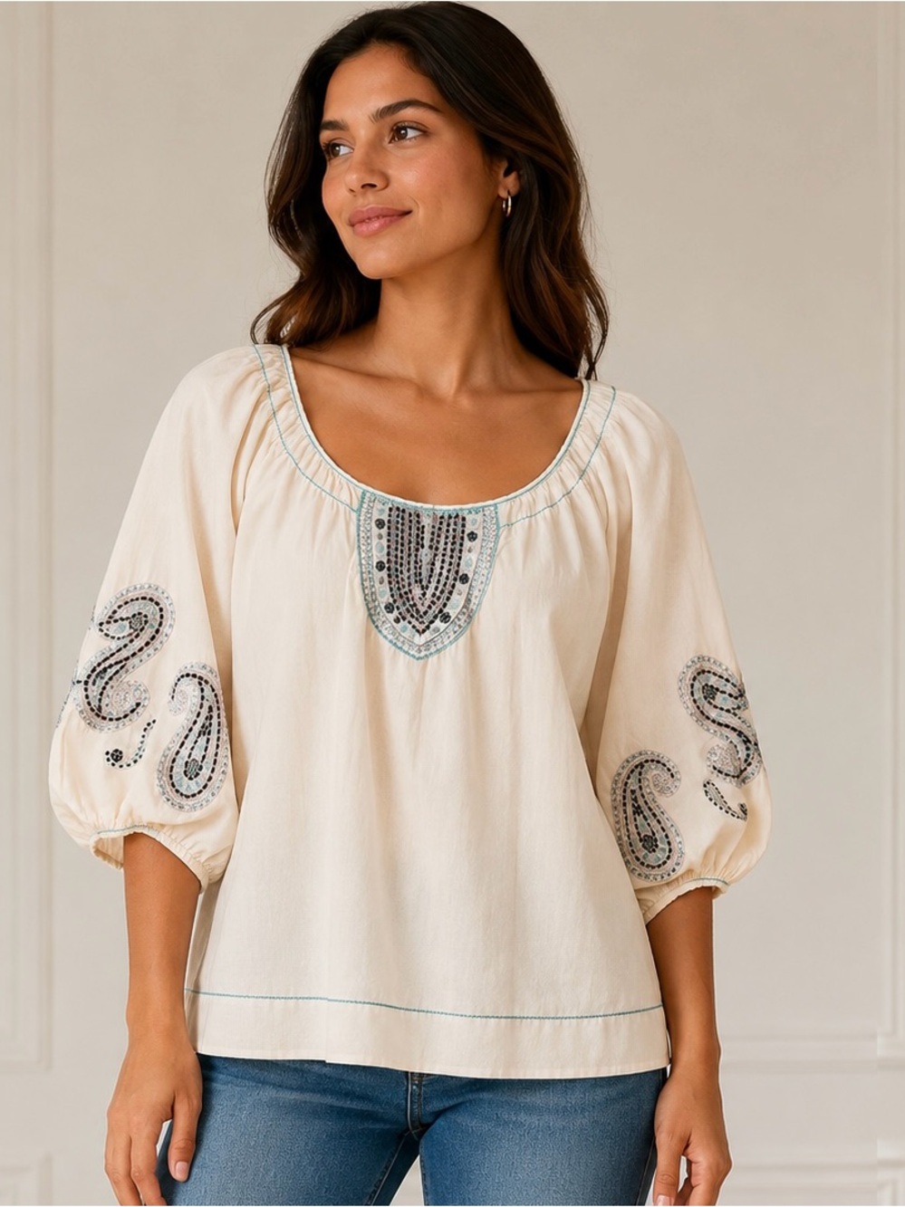 Chelsea & Violet Cream Embroidered Scoop Neck Peasant Blouse 100% cotton Sz M